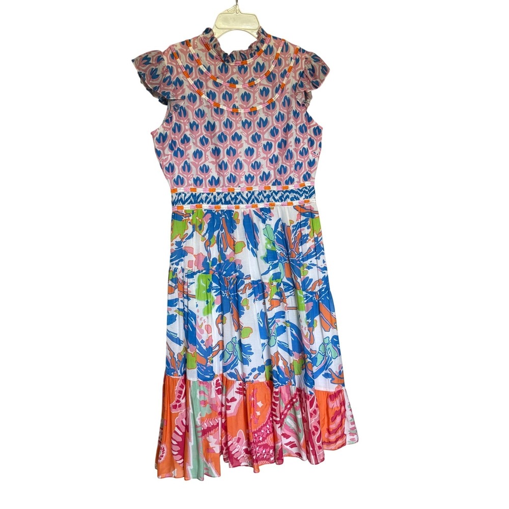 CK Bradley Tiered Midi Dress Women S Multicolor Floral Ruffle Sleeve Preppy - Picture 2 of 13